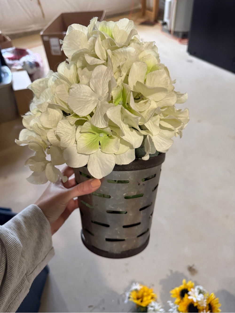 White Hydrangea Faux Arrangement in Rustic Metal Pot